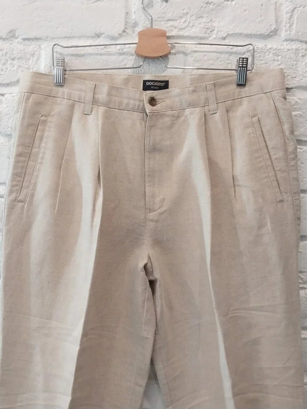 Vintage 90s Dockers Khakis Pants 38x32 Beige Relaxed Fit Two-Pleated Linen Cotto